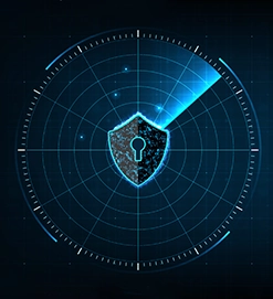 Advanced Cybersecurity Solution For Threat Detection A digital shield with a radar interface representing advanced cybersecurity protection and threat defense.